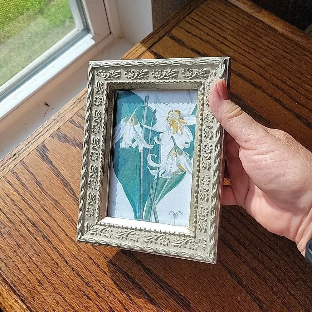 Vtg ornate silver resin wood photo frame 3.5 x 5 Scrolls and floral details